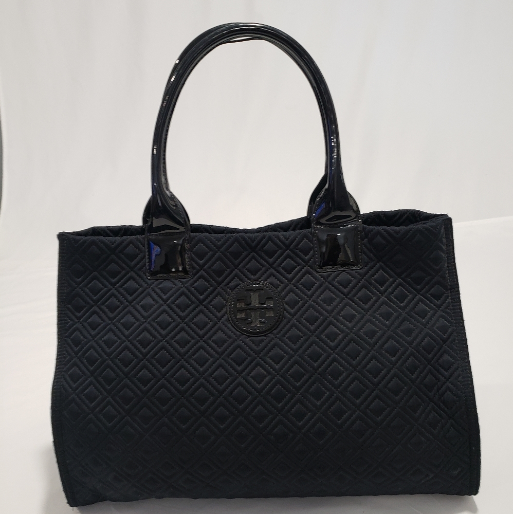 Tory Burch Ella Black Quilted Shopper Tote Purse